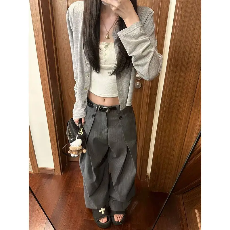 American-style High-street Wide-leg Casual Summer Pleated Silhouette Loose Fit Versatile Styling Suit Black Cargo Pants Fashion