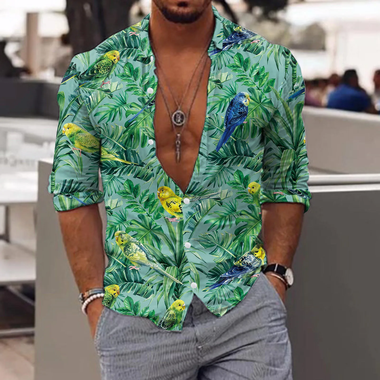 Autumn Spring Men\'s Hawaiian Shirt Casual Fashion Street Long Sleeves Tropical Floral Shirts Beach Vacation Party Men\'s Shirt