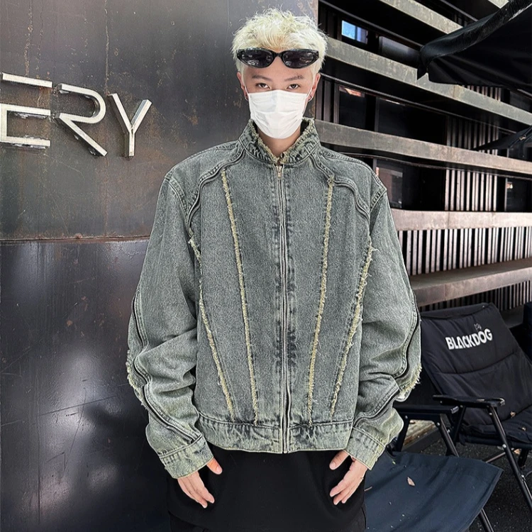 

Retro American Washed Short Denim Jacket Men's Spring Autumn Motorcycle Style Stand Collar Cool Jacket Trendy Polyester Fiber