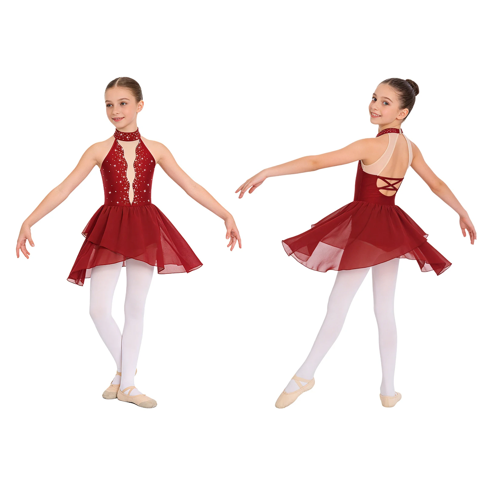 Kinderen Meisjes Glanzende Strass Ballet Jersey Lyrische Dansjurk Mouwloos Sheer Mesh Artistiek Kunstschaatsen Gymnastiekkostuum