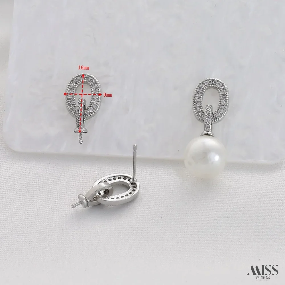 14K Gold-wrapped O-shaped Oval Full of Zircon S925 Stud Earrings DIY Handmade Pearl Ear Jewelry Accessories