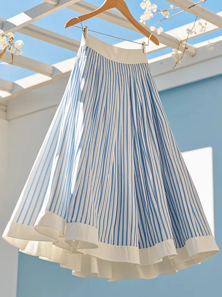 

Ele High Waist A-Line Skirt Beautiful Blue Korean Sle Commute Summer Faion plus Size Midi Skirt Striped Pattern