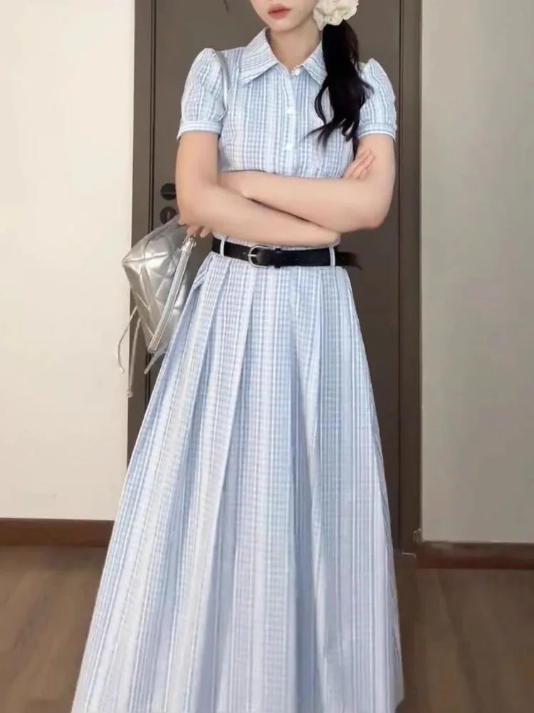 Koreański College Sle Dr Summer Bubble Sve Ultra Beautiful Waist Cinching Slimming Blue Stripes Collar irt Dr