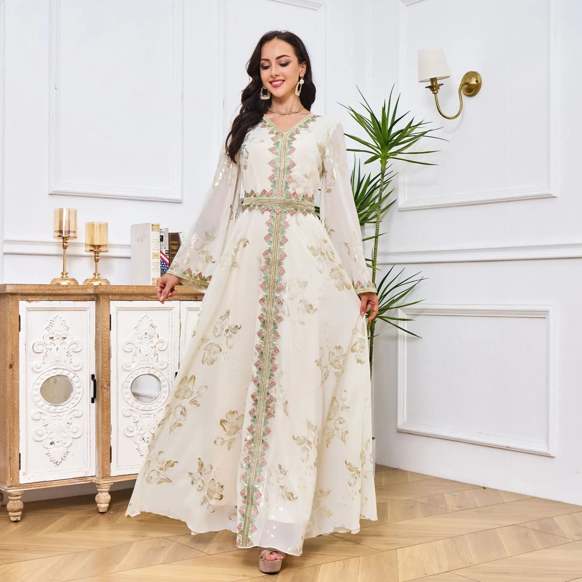 Robe musulmane blanche estampillée à chaud, robe de soirée, mode