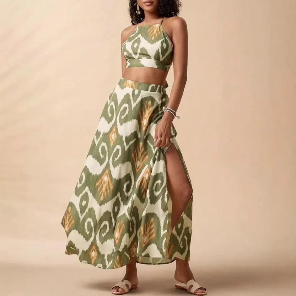 

Casual Vacation Print Two Piece Set Women Spaghetti Strap Backless Leace-up Cropped Top High Waist A-line Skirt 2 Piece Sets