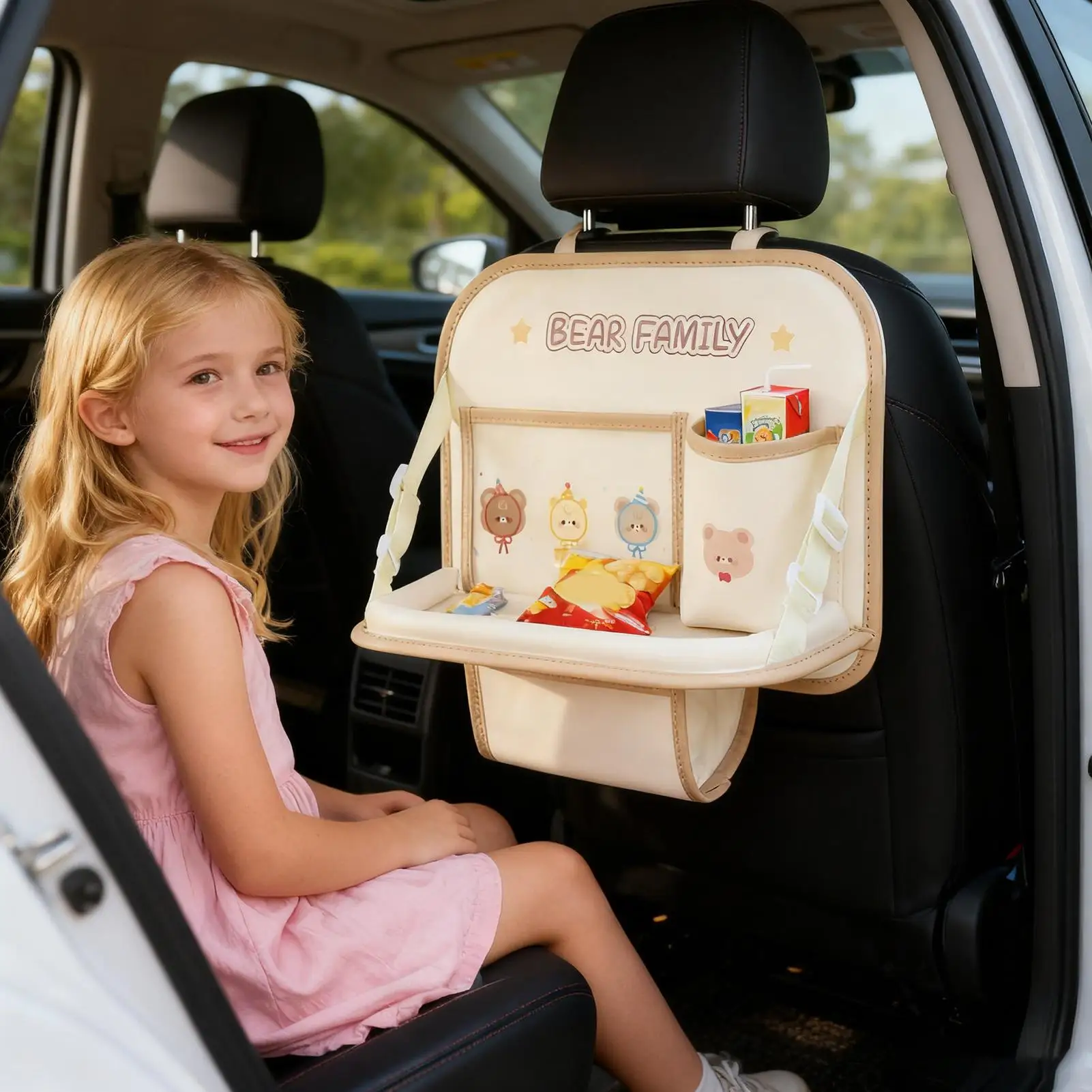 Car Back seat Organizer Leather Foldable Storage Waterproof Automotive Seat Back Organizers with Food Tray for Truck SUV Sedan