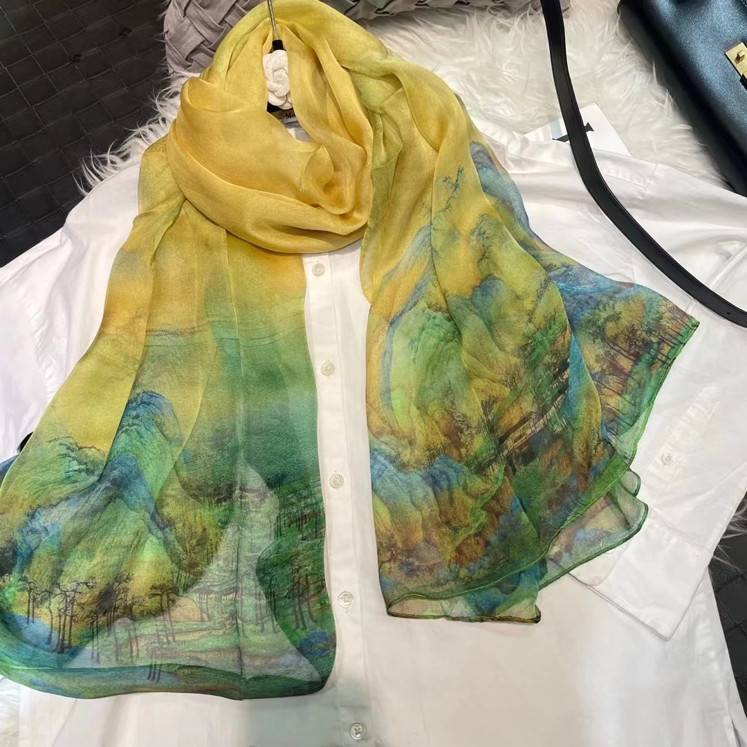 [BYSIFA] Green Yellow 100% Silk Chiffon Scarf Fall Winter Brand Long Scarves Elegant Ladies Summer Beach Shawl Cover-ups Foulard