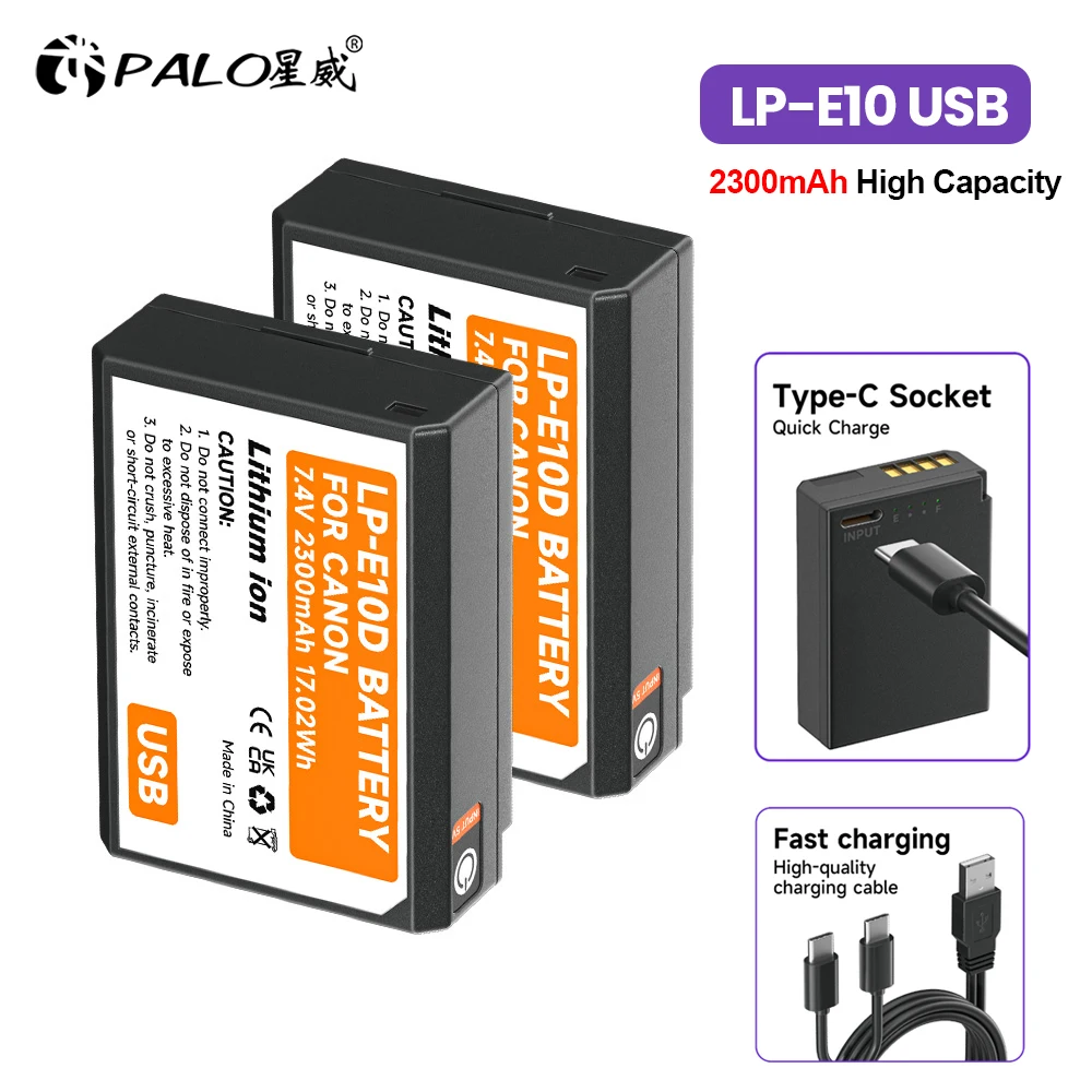 Batería PALO LP-E10 de 2300mAh con Puerto de Carga USB-C para Canon EOS 1100D 1200D 1300D 2000D 4000D Rebel T3 T5 T6