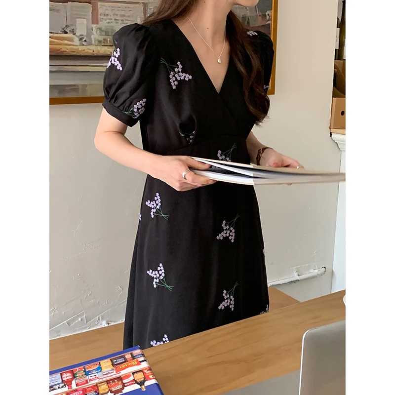 Ele V-ne Bubble Sve Dr Mujer Retro Cintura haciendo bordado floral Trabajo pesado Largo Dr Coreano Sle Commute