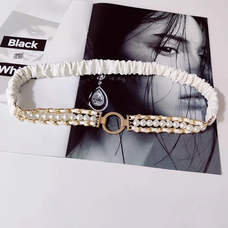 Fashion White corset Belt for women elegant high-end luxury brands Pearl Elastic cummerbund Black Desiner Women's belt female