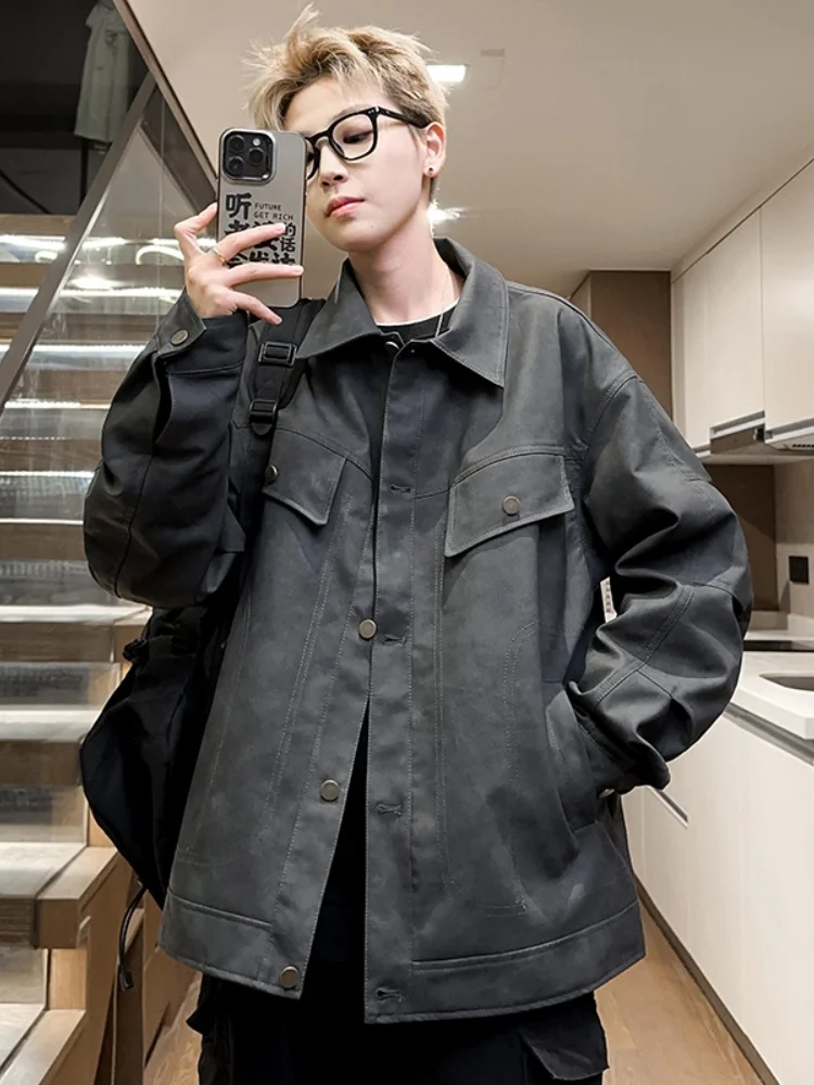 

Men's Leather Jaet 2024 New Autumn High-End Sle Cool Collar up irt American Retro Dyed PU Leather Jaet Zipper Closure...