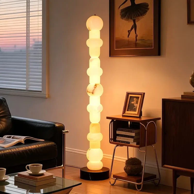 Minimalist Modern LED Floor Lamp Stacked Alabaster Globe Shades Black Solid Copper Base Decorative Standing Office Lobby