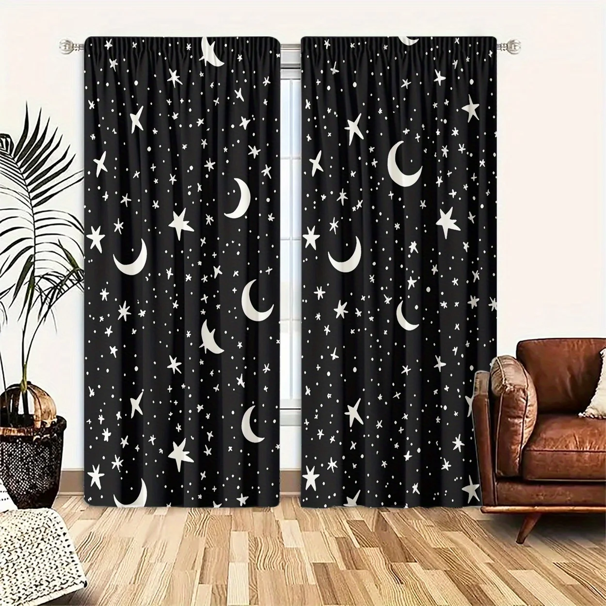 Night Sky Star Moon Curtain 2 Panels, Simple Star Crescent Pattern Solid Black Base For Homestay Living Room Decor Curtain