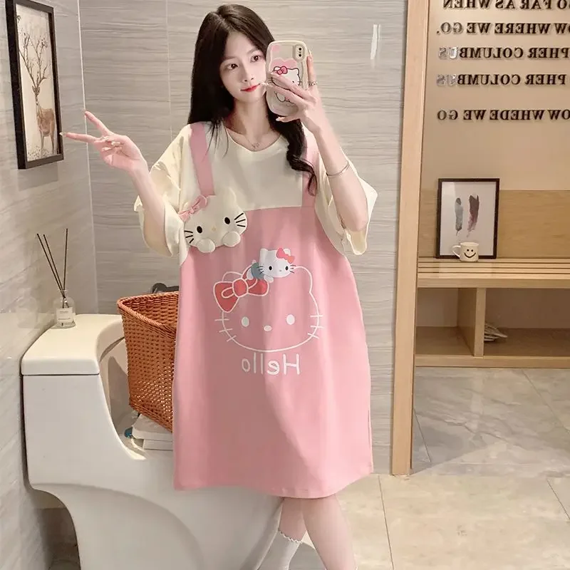 

Sanrio Hello Kitty Summer New Cotton Short Sleeve Loose Large Size Pajamas Women Cute Cartoon Nightdress Home Clothes Gift
