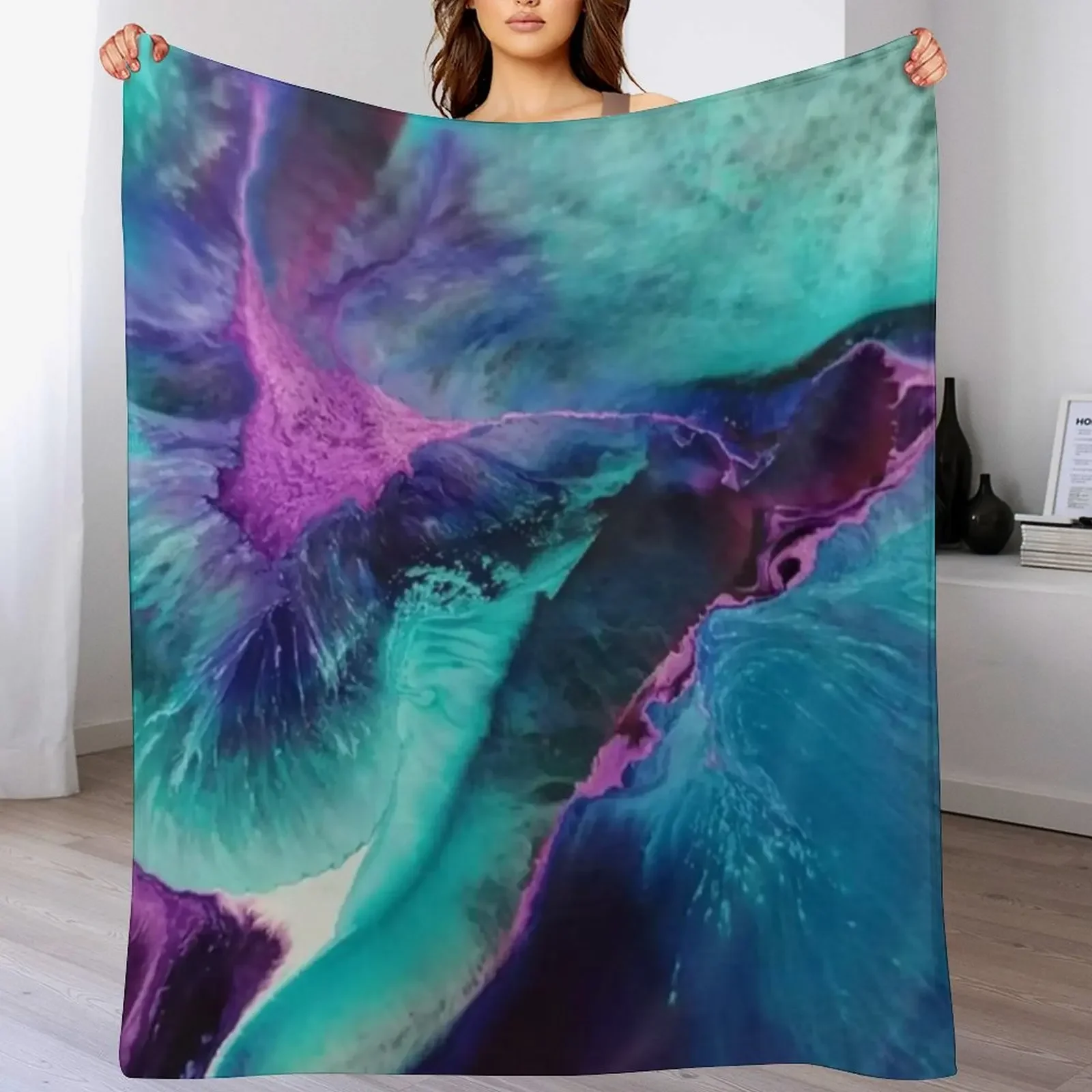 Mermaid Lagoon Resin Ink Art in Blue, Pink and Purple Throw Blanket Multi Purpose Soft Warm Blanket for Home Travel