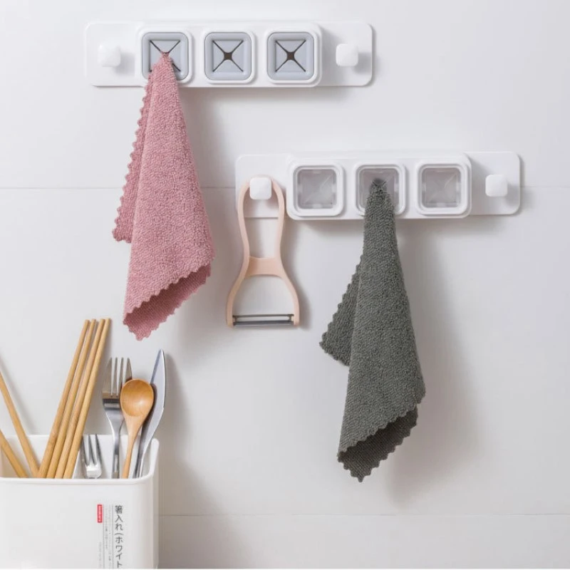 Three-hole Towel Stopper Storage Free Perforated Rag With Two Hooks Kitchen Gadgets Organize Storage Multi-Purpose Hook ABS