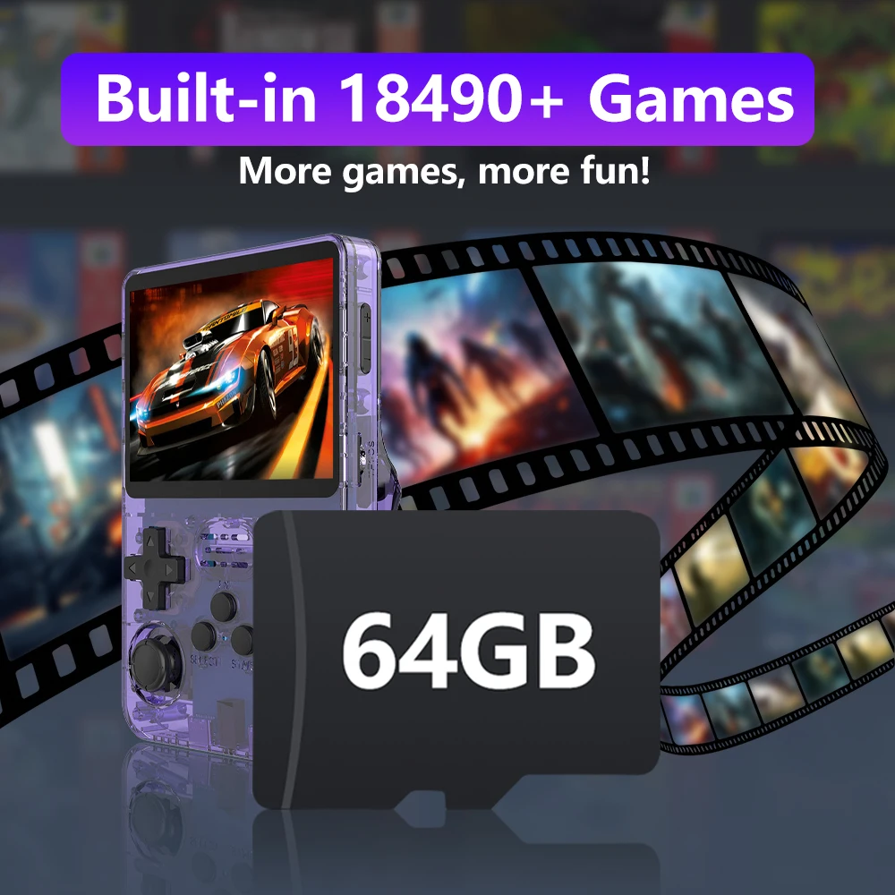 R36S 게임 콘솔용 64GB 게임 카드 (18490개 이상의 게임 및 PS1/PSP/N64/NES/SNES/NEOGEO/NDS 에뮬레이터, Emuelec 4.7, 플러그 앤 플레이 지원)
