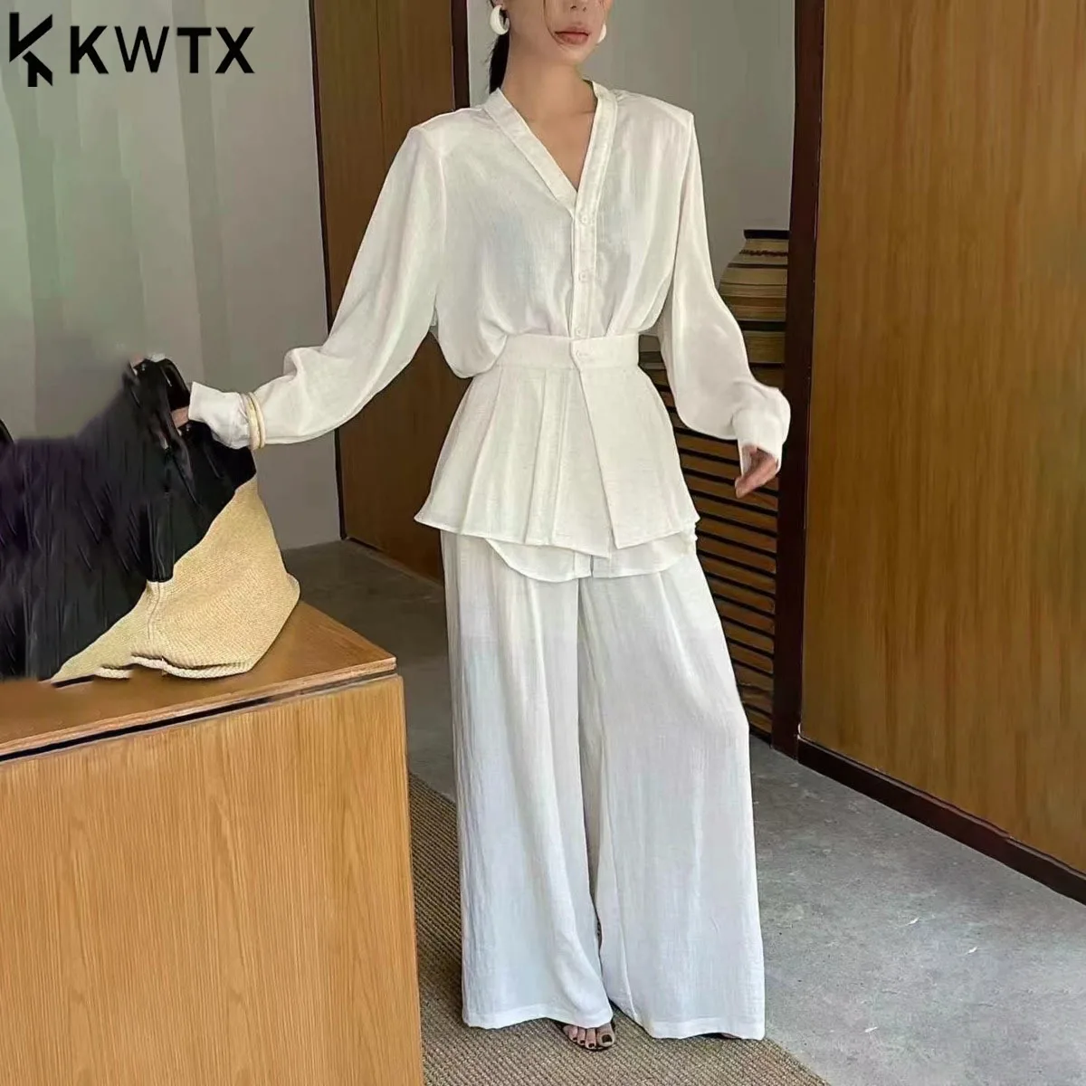 

KWTX женский комплект из двух предметов, весна-лето, плиссированная рубашка, топ, широкие брюки с высокой талией, роскошный шик, элегантный, удобный, минималистичный