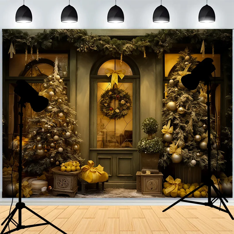 

Interior Christmas Day Wreach Window Photography Backdrops New Year Living Room Fireplace Holiday Party Photo Background DD-23