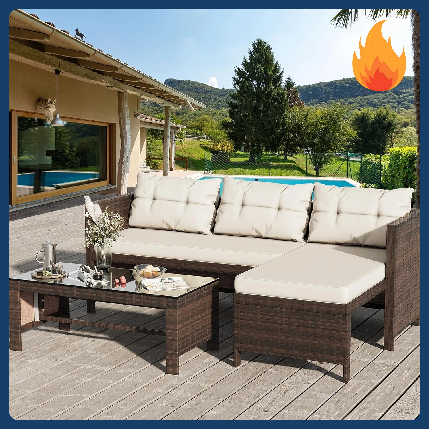 [وصول جديد! ] مجموعات أثاث الفناء الخارجي، مجموعات مقطعية للفناء من الخيزران مكونة من 3 قطع، أرائك جلوس للفناء من الخيزران مناسبة لجميع الأحوال الجوية مع