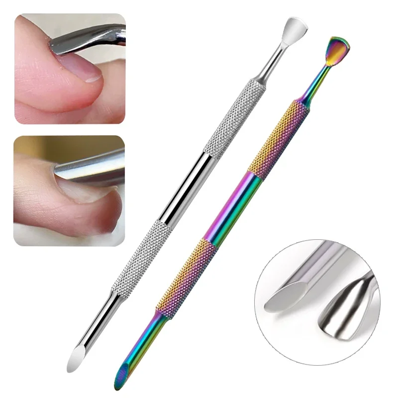 Popychacz do skórek ze stali nierdzewnej do manicure, dwustronny, stalowy w kształcie podkowy, do usuwania martwego naskórka, narzędzie do usuwania lakieru, rampa do zdobienia paznokci.