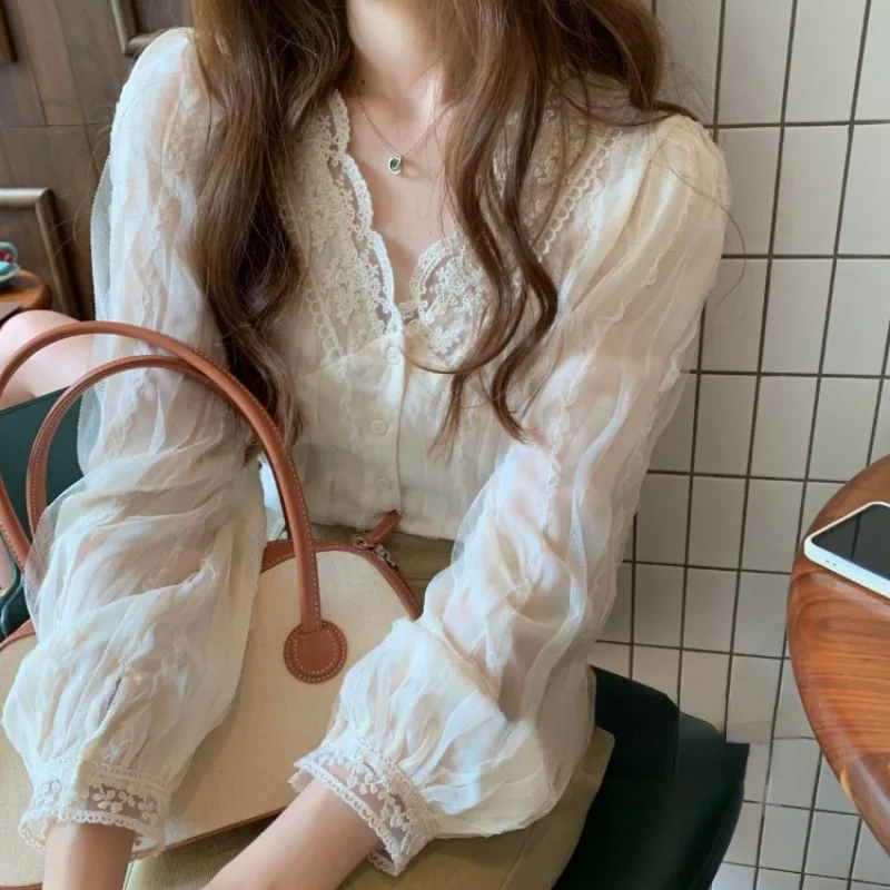 OCEANLOVE V Neck Lace Chiffon Shirts&blouses Women Tops Spring Autumn Elegant Blusas Mujer Korean Fashion Solid Sweet Camisas