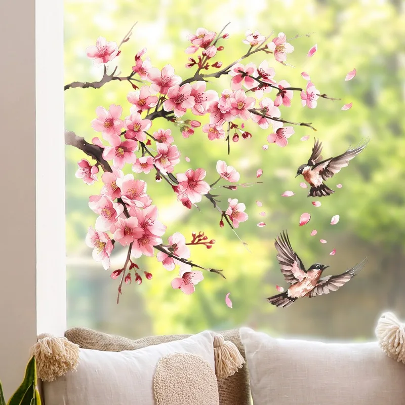 Removable Watercolor Pink Peach Blossom Tree Branches Birds Wall Stickers For Bedrooms Living Rooms Glass Windows Decorative