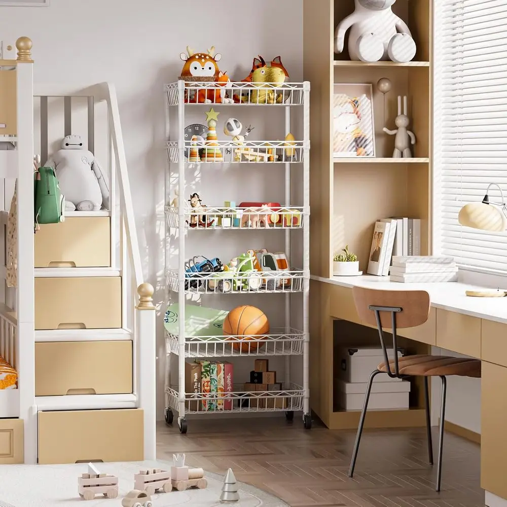 Adjustable 6-Tier Wire Basket Shelf - Large Storage Rack for Garage, Kitchen, Office, Pantry, Corner - White, 17x12x63