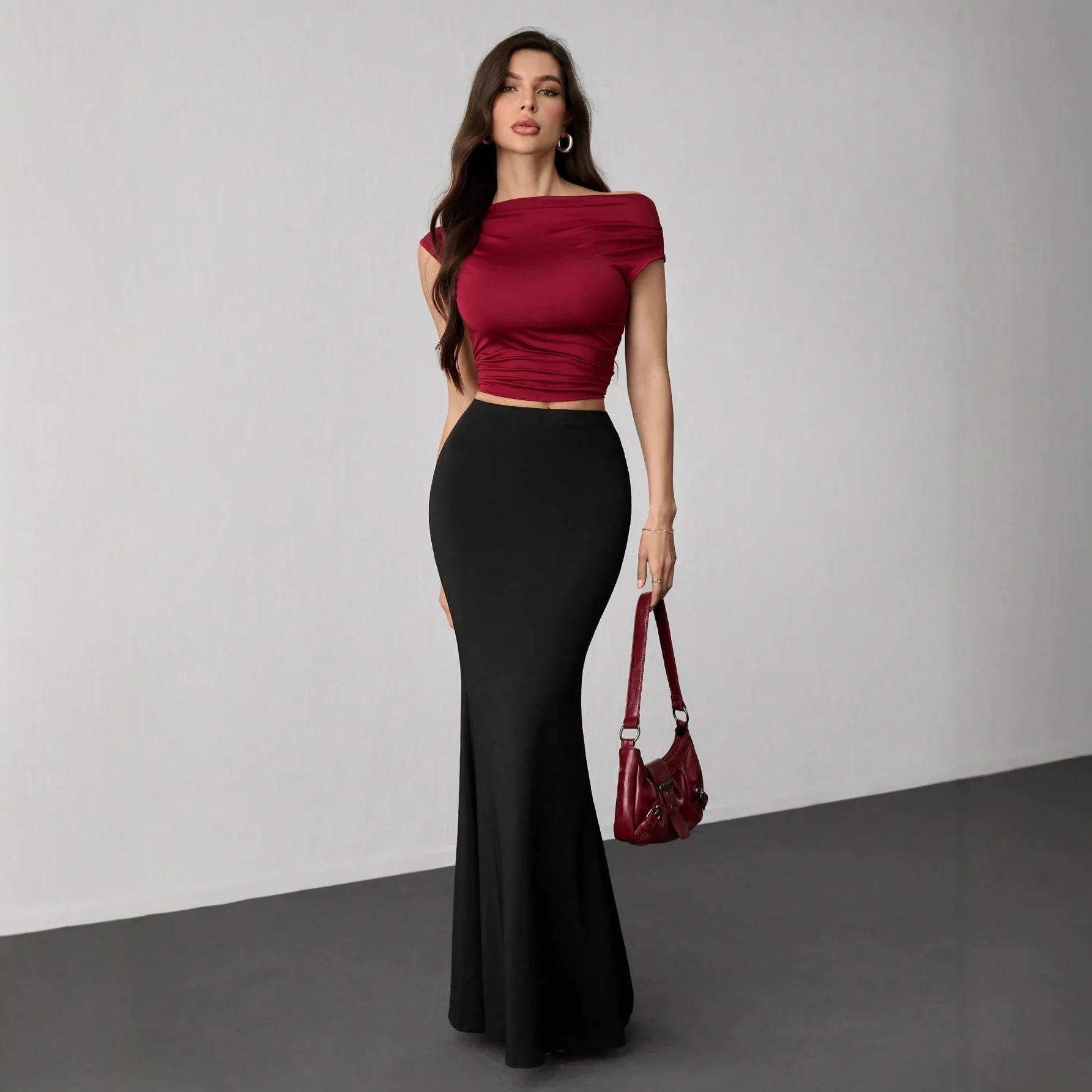 

Autumn women's clothing Slim Knit Long Skirt Ankle-length Trumpet Office Lady Solid Black skirt for Night Out Valentine's Day