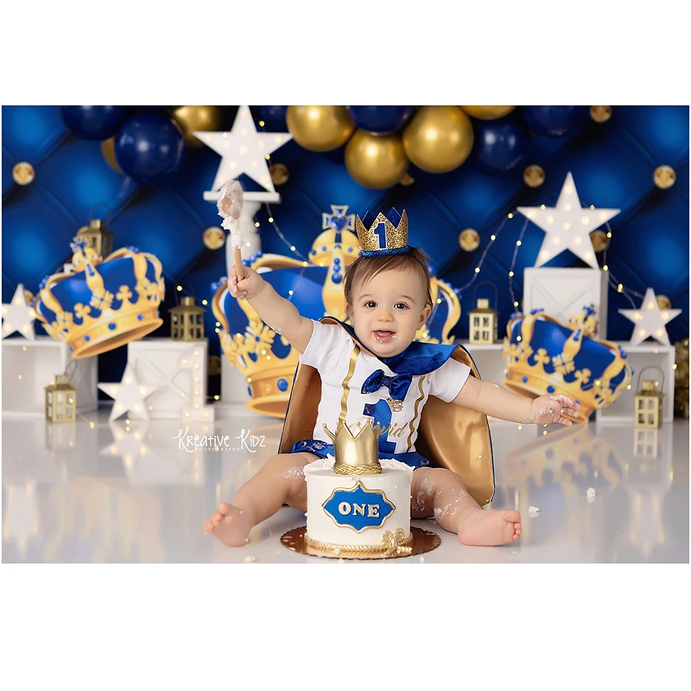 Royal King Blue Balloon Photo Background Golden Crown Boy Baby Shower Birthday Photography Backdrop Cake Smash Photo Studio Prop