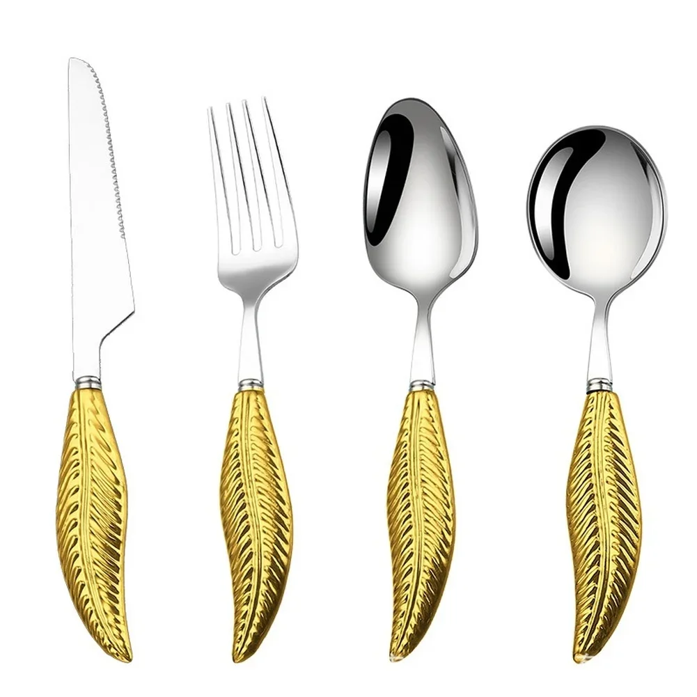 

304 stainless steel 4 piece feather handle cutlery set fork utensil pointed spoon round spoon with smooth edges