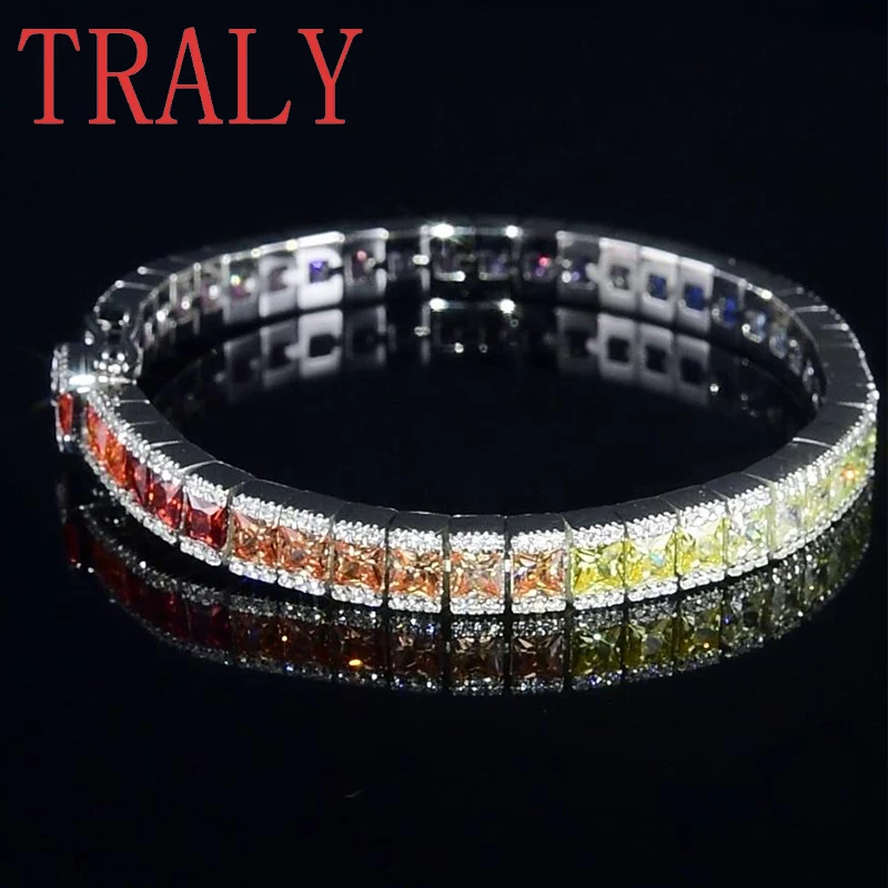 

925 Sterling Silver Rainbow Bangles for Women Inlaid Princess Shaped Colored Gemstone Hight Quality Party Jewelry Gift