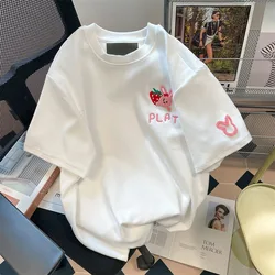 2023 New Cotton Strawberry Flocking Women Tees Summer Loose Crewneck White Short Sleeve T-shirt Women Letter Embroidered Tops