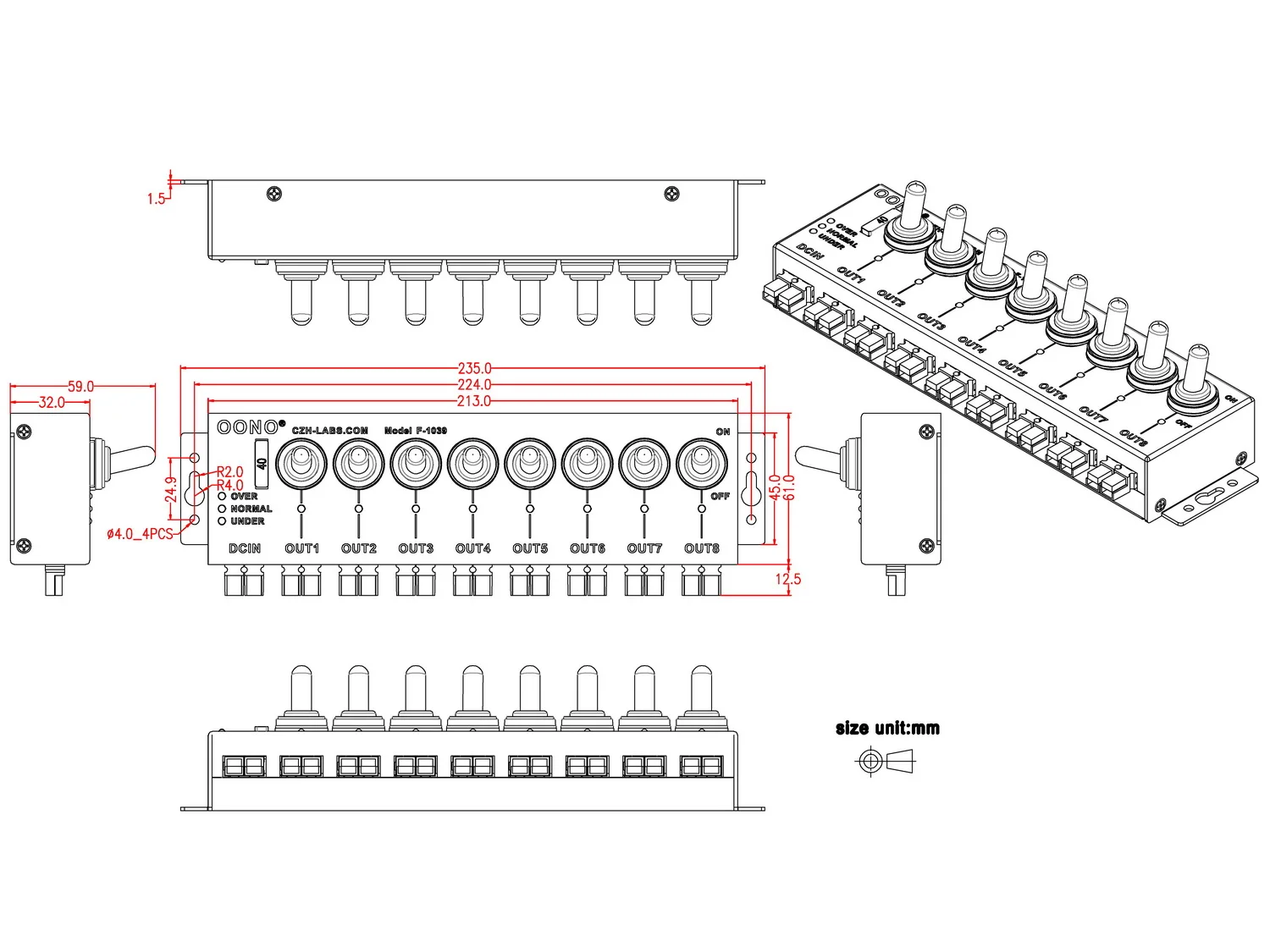 8 Channel Anderson Powerpole Connector Power Splitter Distributor Source Strip, with 8 Independent Control Switches