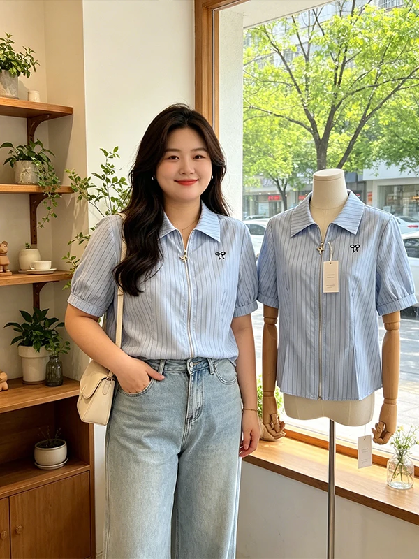

plus Size Women's Korean Style Shirt with Double Zippers Blue Stripes Short Sleeve Slimming Top for Summer 2026 Casual Wear