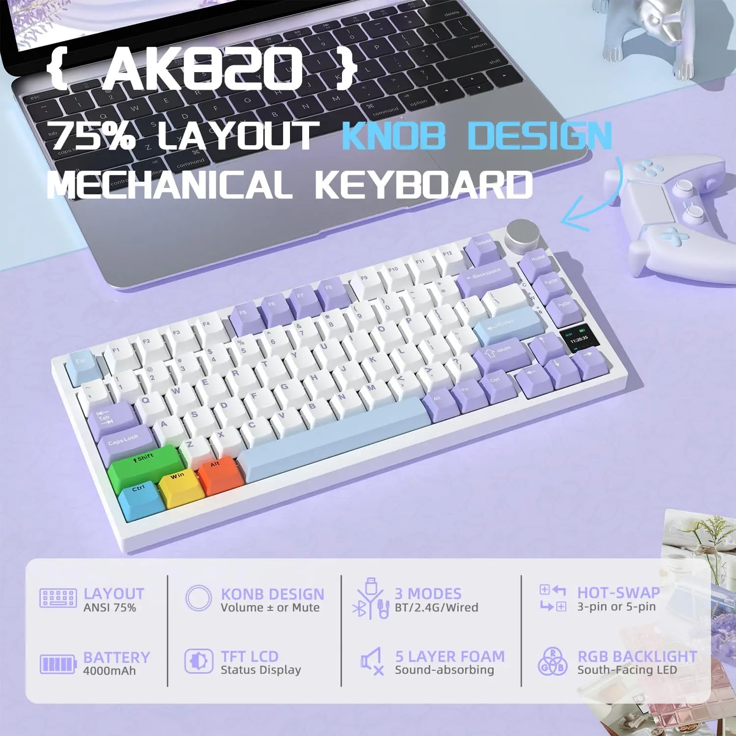 AK820 Wired Mechanical Gaming Keyboard with Knob,Hot Swappable,Gasket Structure,Upgraded Socket& 5-Layer Noise Absorbing Foams