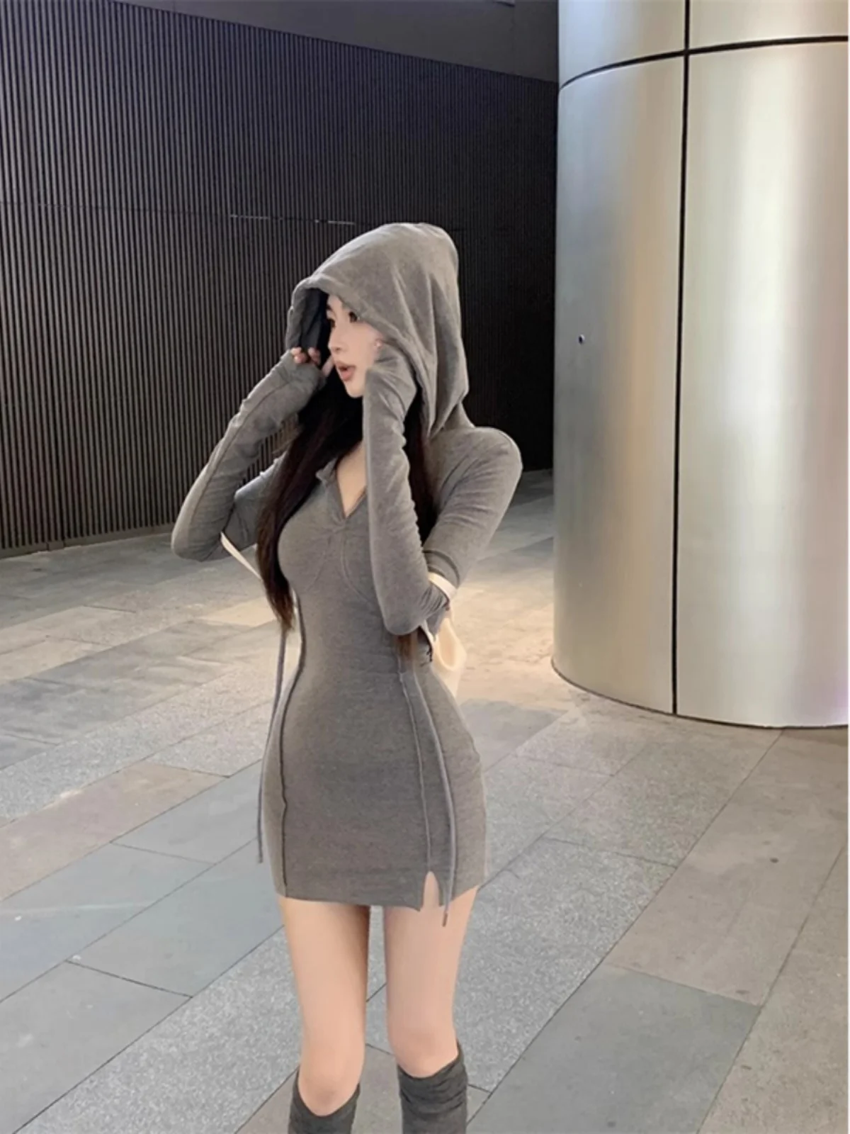 

Pure Desire Hot Girl Tight Fitting Hooded Wrap Skirt Women's Spring Autumn Unique Small Size Waist Cinch Sweet Dress