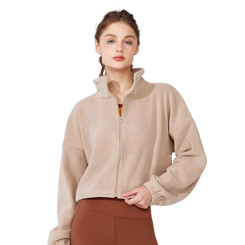 

European and American winter lamb wool sports jacket stand up collar fitness long sleeve with fleece warm yoga top