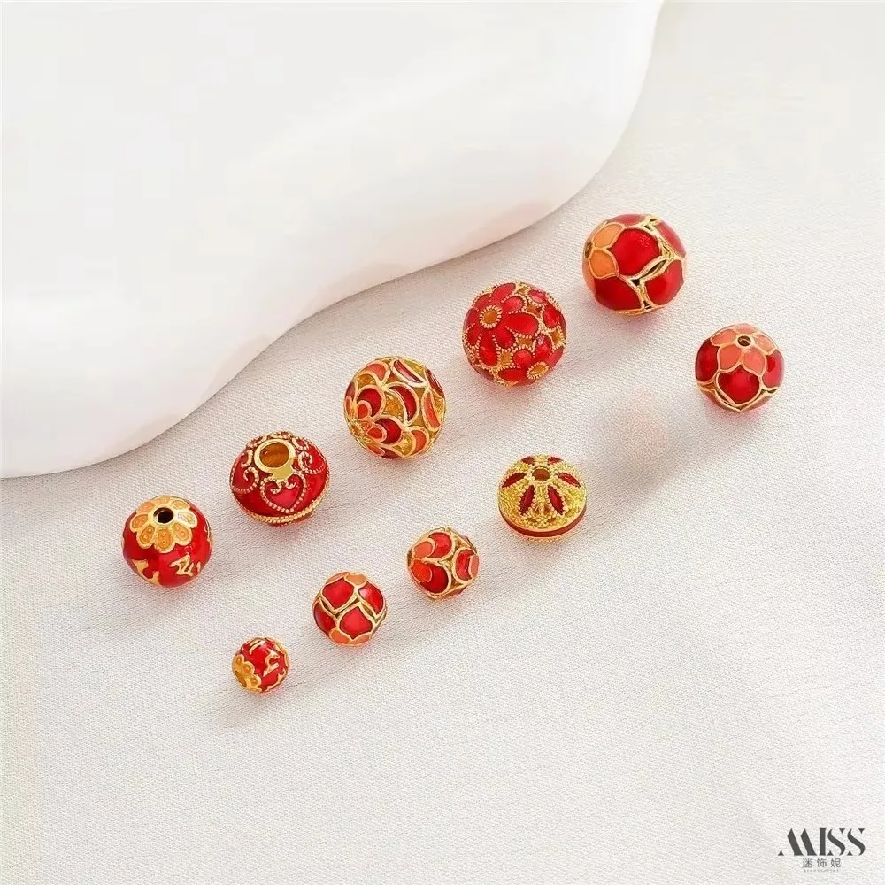 Color Retention 18K Cloisonne Burnt Blue Enamel Color Red Round Bead Diy Flower Ball Bracelet Red Jewelry Accessories