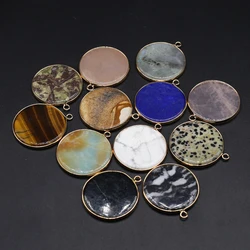 30mm Natural Stone Pendant Round Disc Labradorite Pink Quartz Charms for Jewelry Making DIY Necklace Earrings Accessories