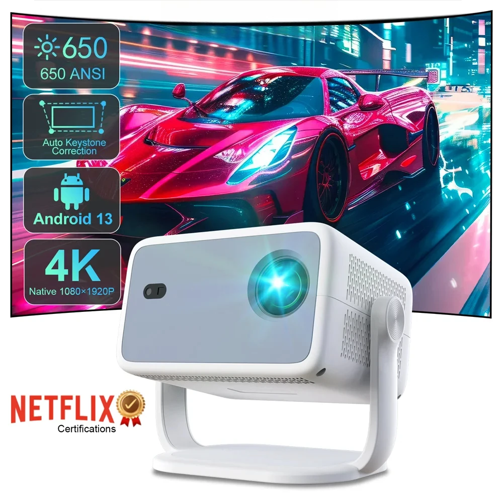 

Netflix Certification Projector Android 13 4K Native 1080P 650ANSI With Auto Focus Wifi6 BT5.2 360° Home Outdoor Projector