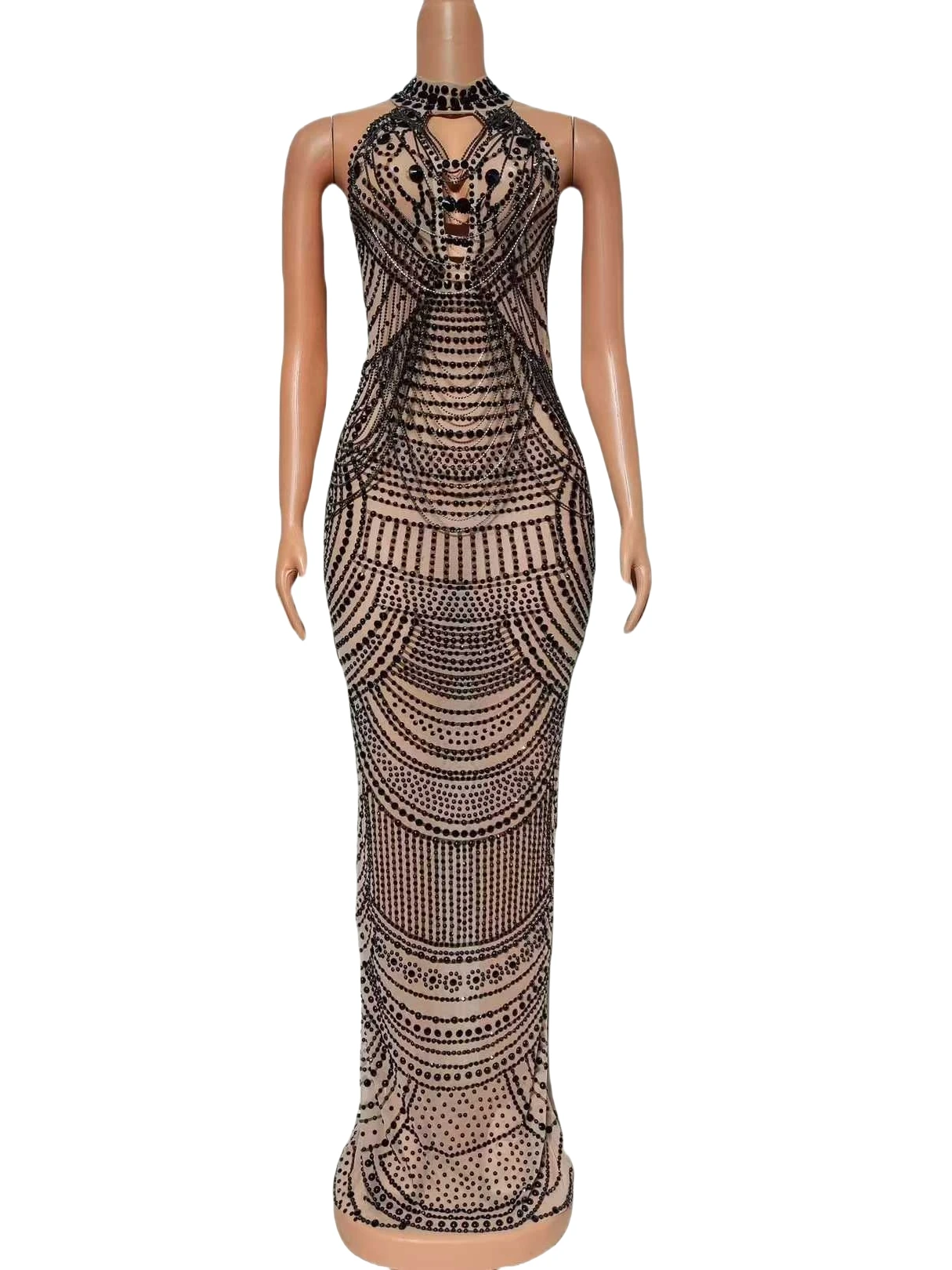 Goddess Senior Sparkly Photoshoot Props Homecoming Drill Chain Rhinestone Long Dress For Women Las Vegas Show Drag Queen Costume