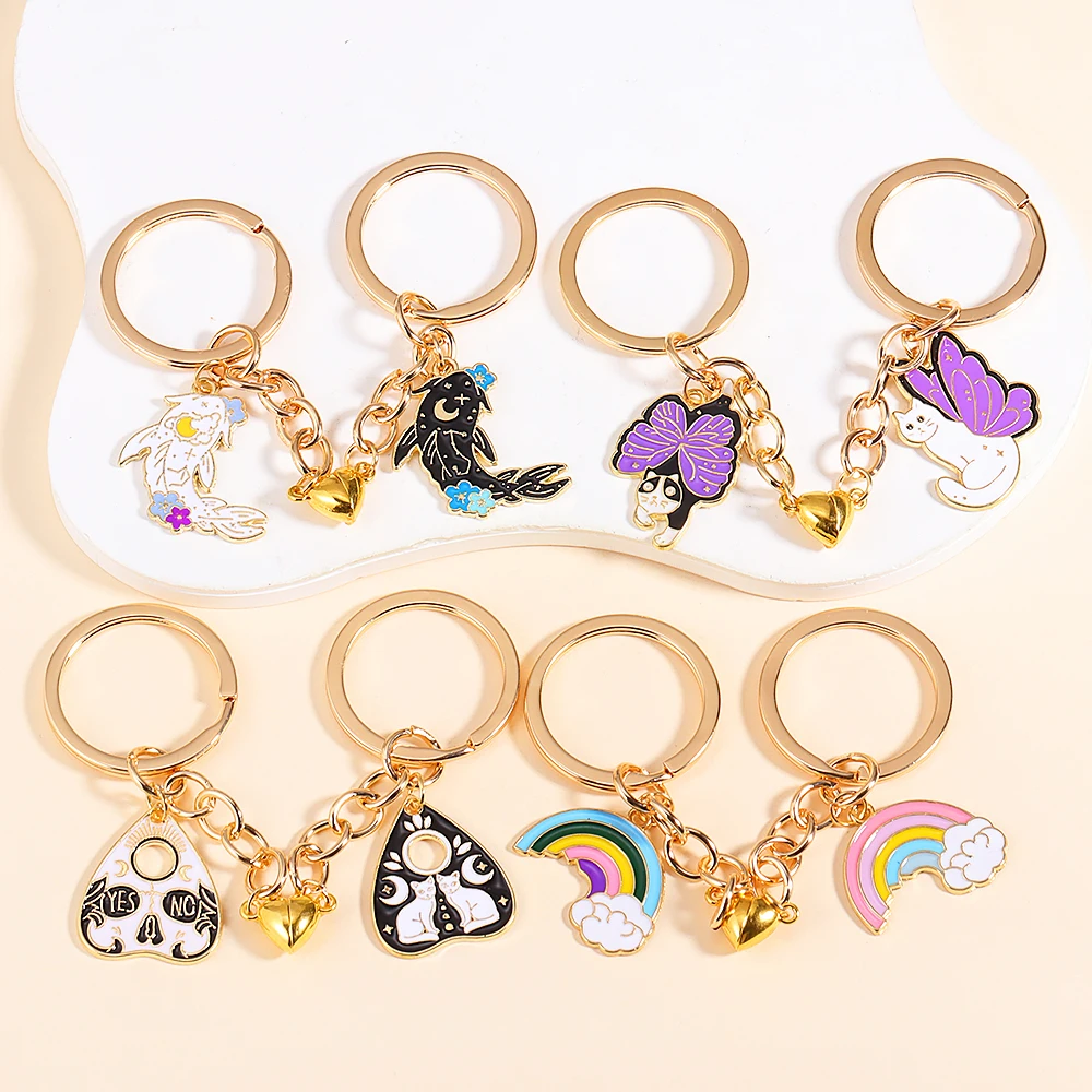 1Set(2Pcs) Creative Alloy Enamel Cartoon Butterfly Cat Rainbow Keychain For Couples Friends Best Party Holiday DIY Jewelry Gifts