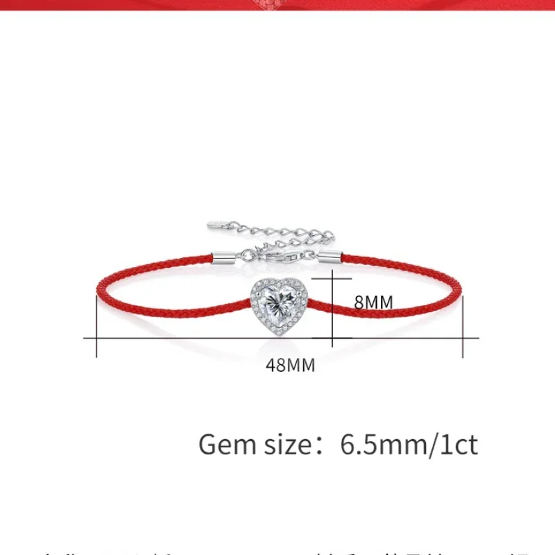 Shining U S925 Silver Moissanite Heart Redline Bracelet  Fine Jewelry for Women New Chinese Style Gift