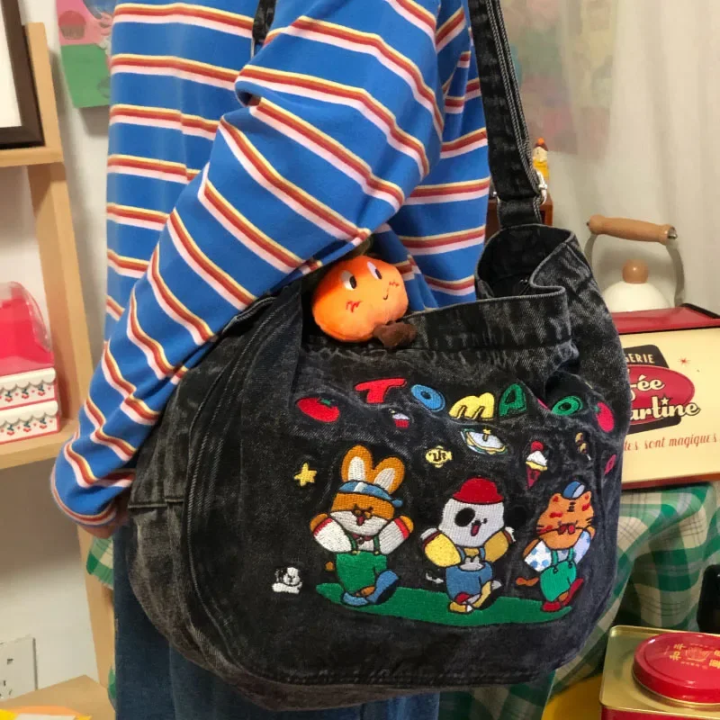 Mbti vintage dos desenhos animados denim sacolas para mulheres designer de luxo kawaii bordado bolsa ombro grande capacidade saco do mensageiro novo