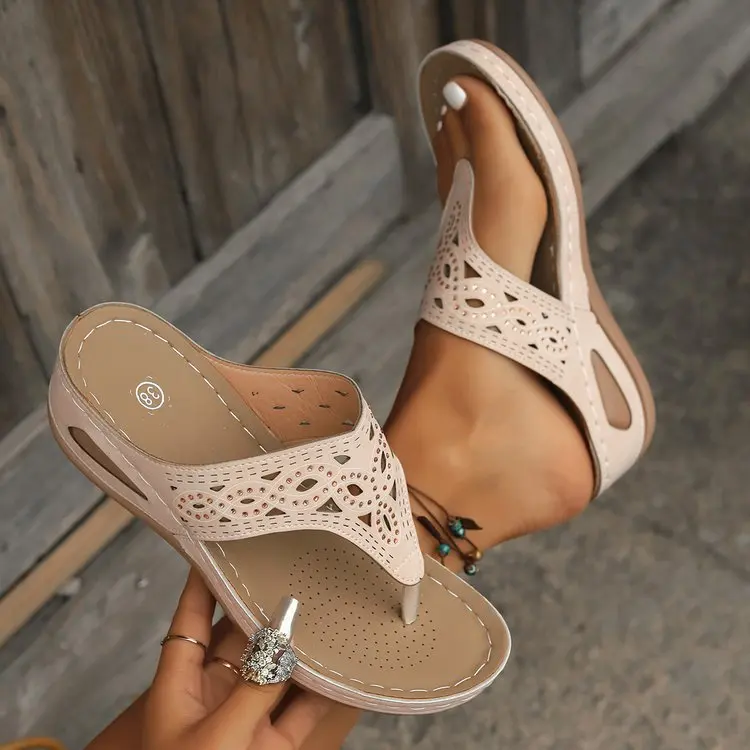 Frauen Keil Plattform Flip-Flops Damen Slide Slip auf Tanga Sandalen Sommer Strand Hausschuhe Atmungsaktive Weiche Unterseite Walking Hausschuhe – Detail 1