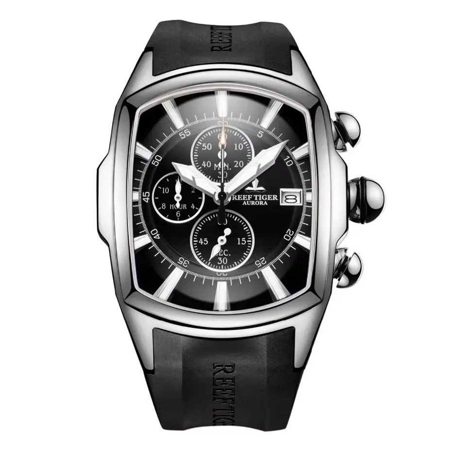 Reef Tiger Men Chronograph Watch 45mm Tonneau Quartz Wristwatch Military Luminous Bubble Mirror 50m Waterproof