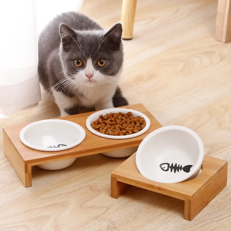 Pet cat and dog Double bowl Single bowl Ceramic bowl bamboo table into cat non-slip double bowl Dog cat food bowl