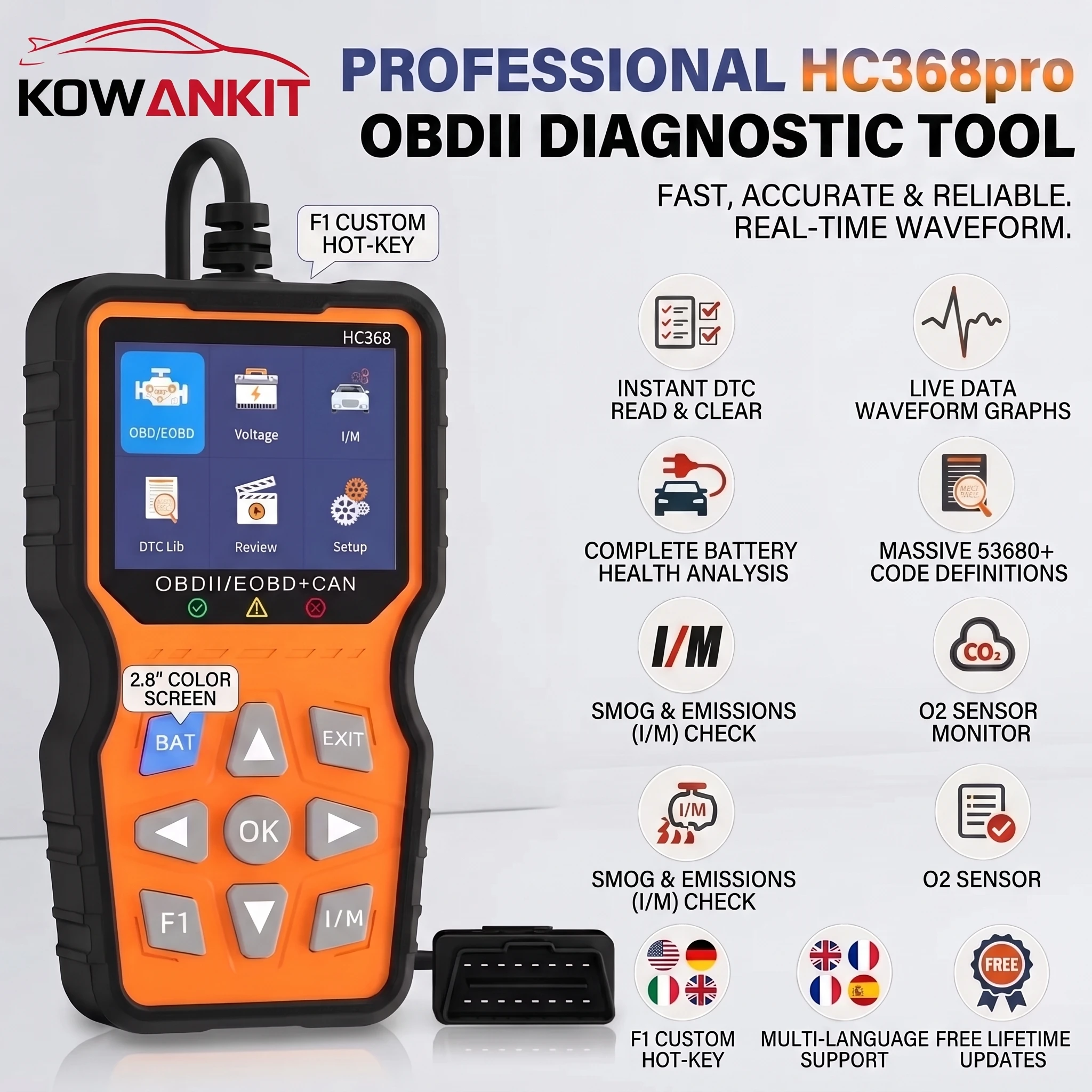 OBD2 Scanner HC368 Pro Car Fault Code Reader Universal Battery Tester Check Engine System Clear Fault Code Auto Diagnostic Tools