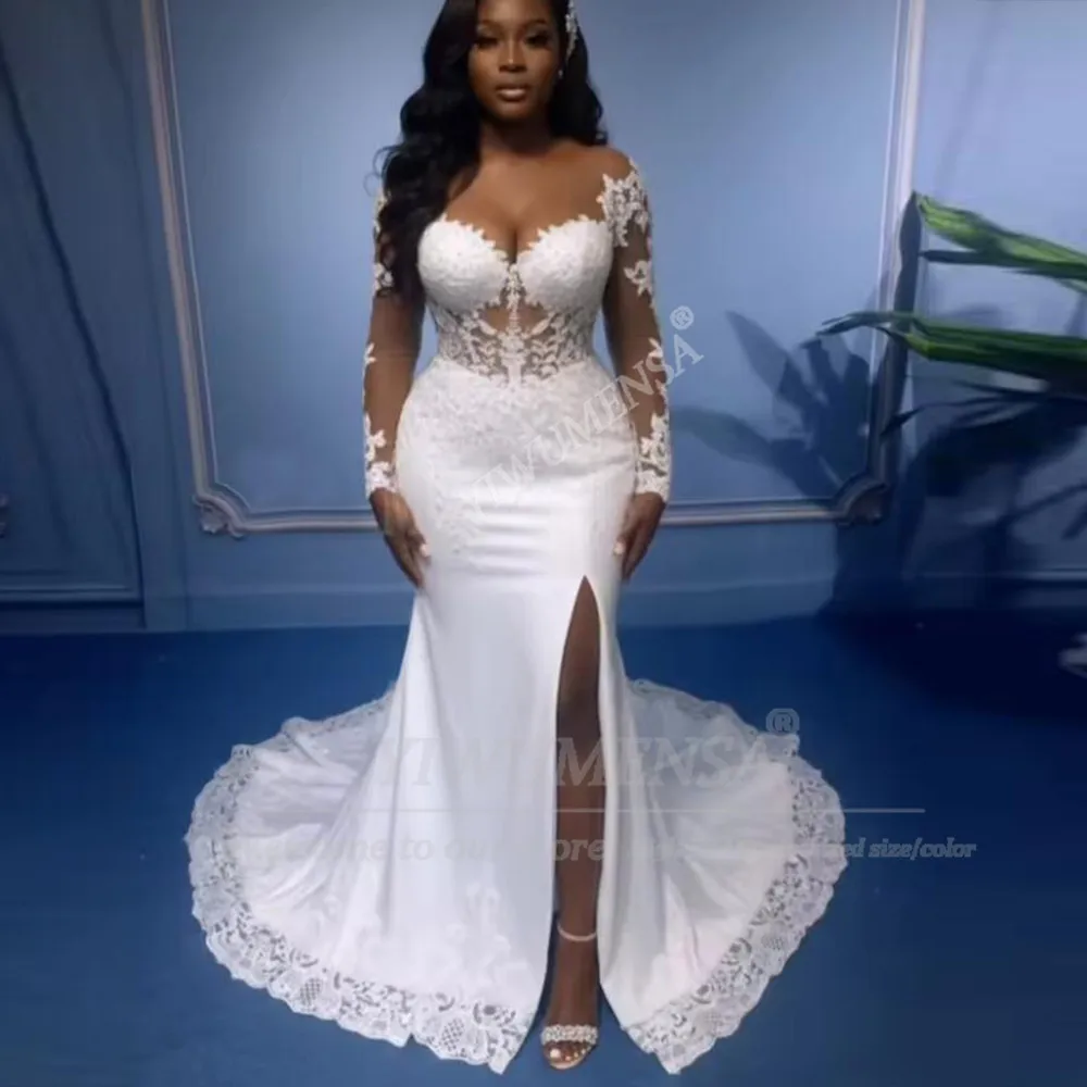 高級レースアップリケマーメイドウェディングドレス花嫁のためのイリュージョン長袖ブライダルガウン取り外し可能なトレイン付きローブデマリー